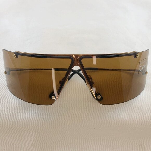 Chloe NWT Rare Vintage Shield Wrap Sunglasses Brown Metal Frame Phoebe Philo Era - Picture 2 of 11